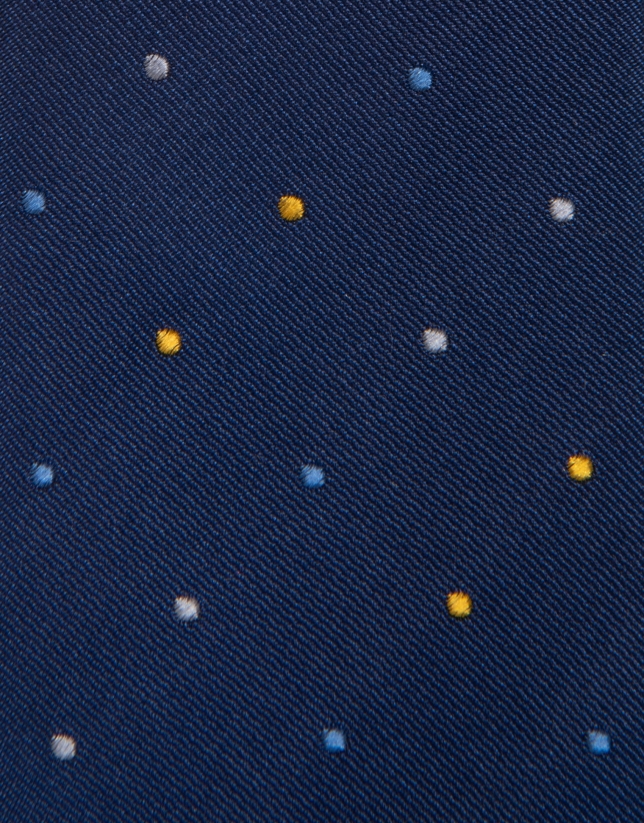 Blue silk tie with blue and yellow polka dots