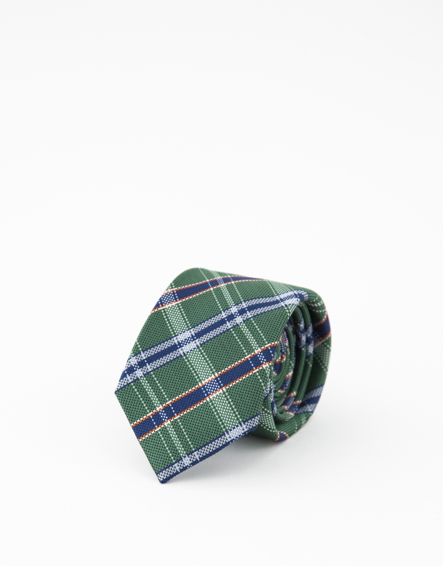 Green and navy blue checked silk tie