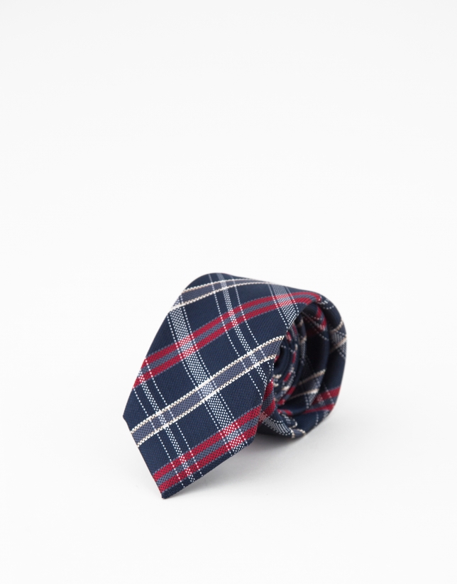 Red and navy blue checked silk tie