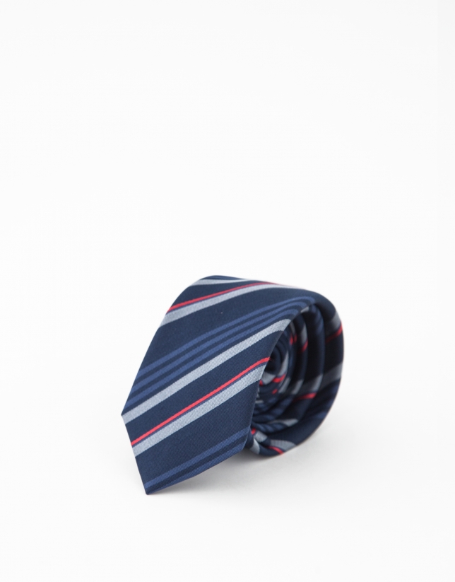 Navy blue silk tie with blue and red stripes