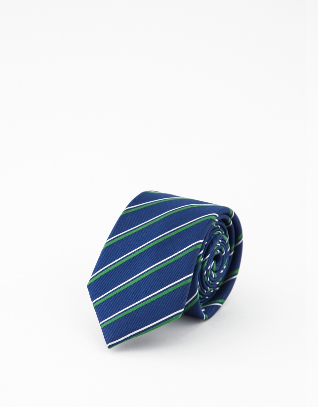 Blue silk tie with green and white stripes