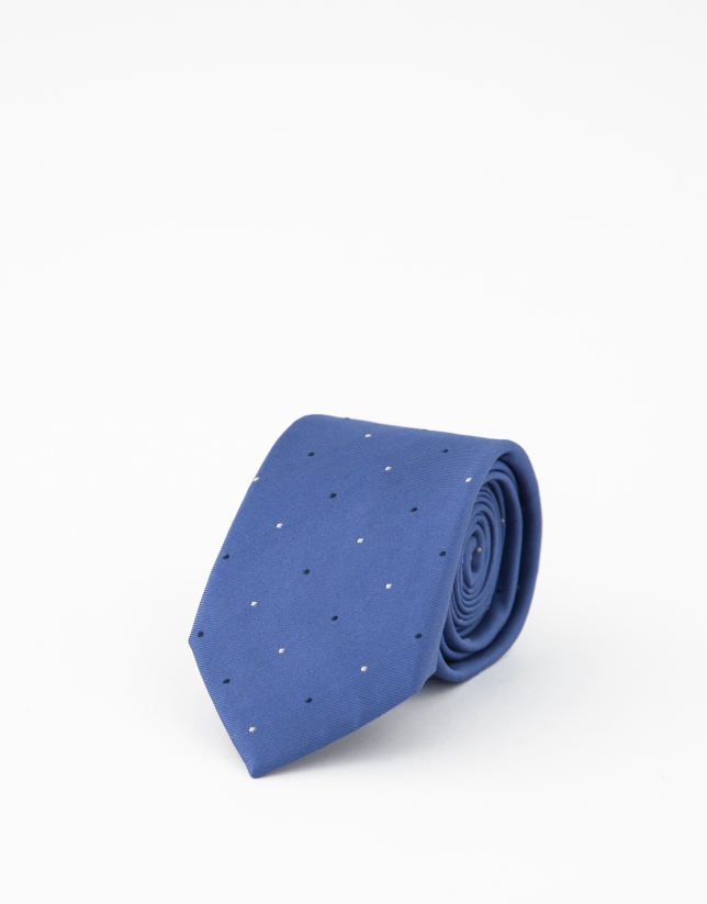 Blue silk tie with navy blue and silver dots