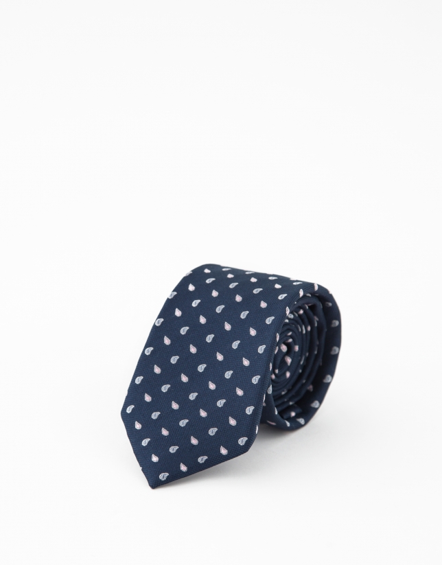 Navy blue silk tie with pink paisley