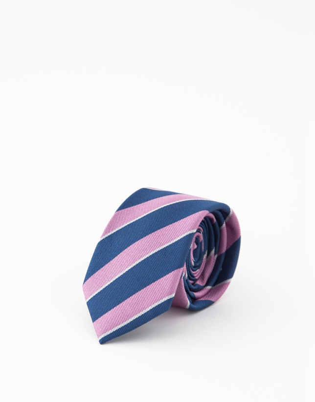 Corbata seda rayas rosa, azul y blanco