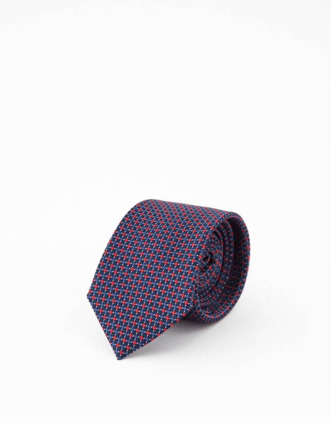 Navy blue silk tie with orange and silver jacquard