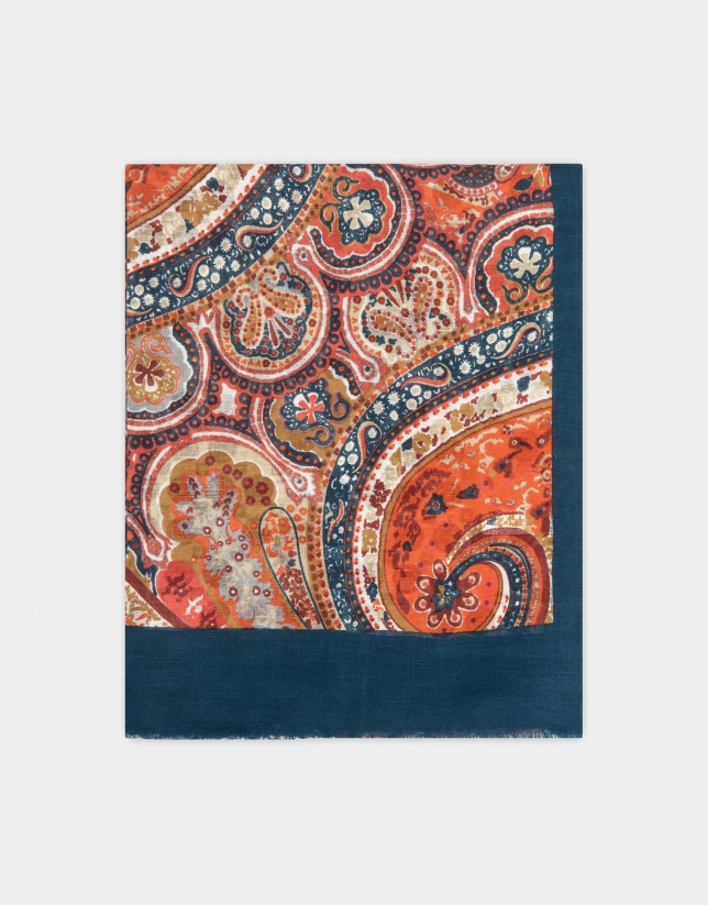 Linen and cotton foulard with orange and blue paisley print