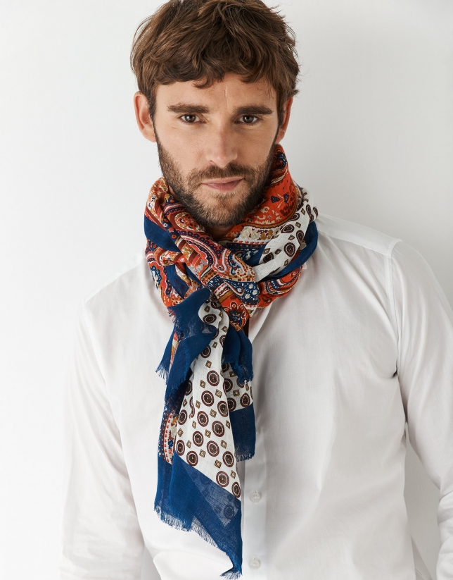 Linen and cotton foulard with orange and blue paisley print
