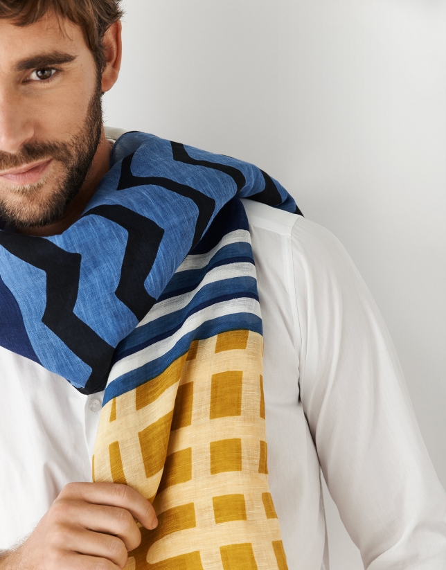 Linen and cotton foulard with yellow and blue geometric print
