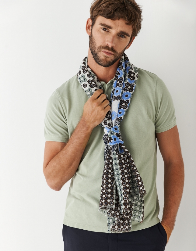 Linen and cotton foulard with brown, green and blue patchwork print