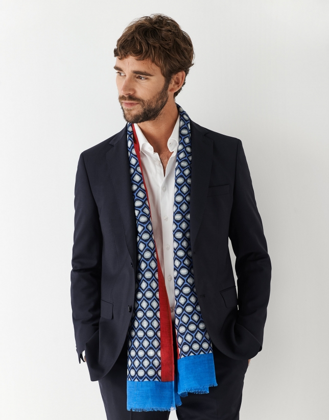 Linen and cotton foulard with navy blue and red geometric print