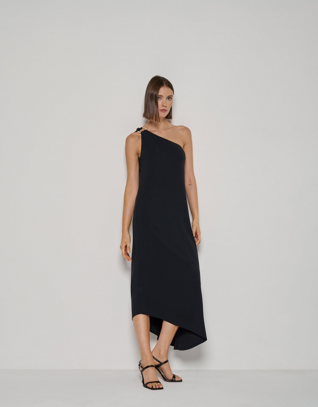Black midi asymmetric dress with a strap