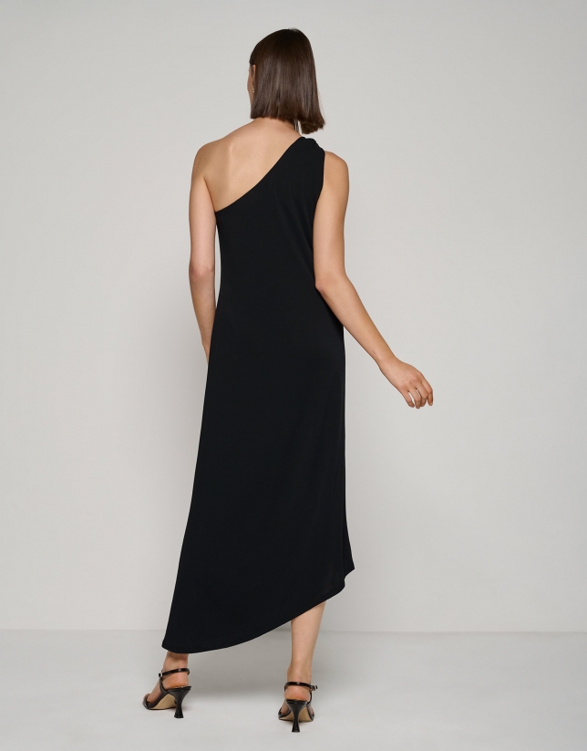 Black midi asymmetric dress with a strap