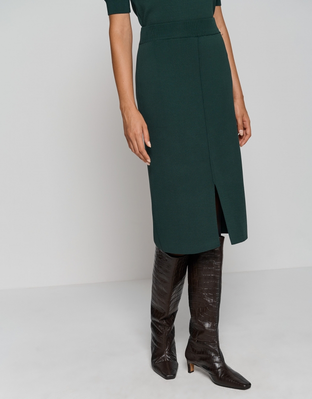 Dark green knit midi-skirt