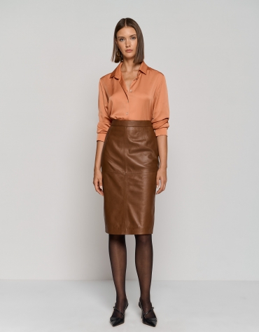 Brown napa straight mid skirt