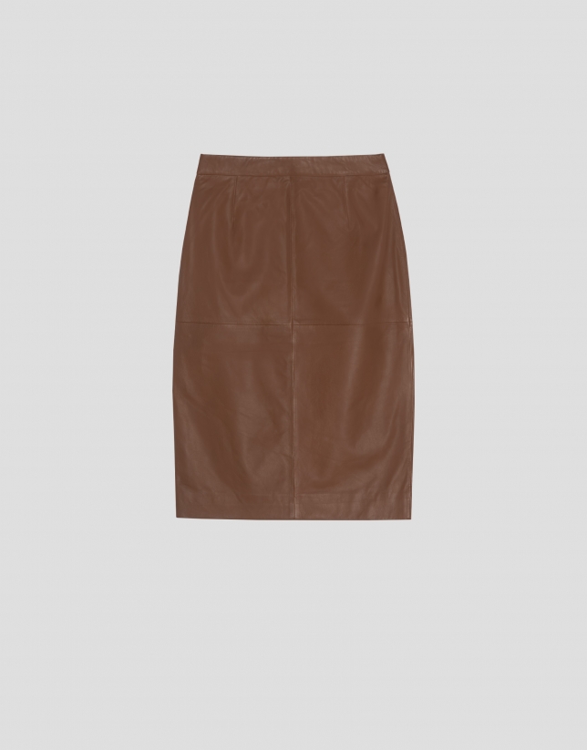 Brown napa straight mid skirt