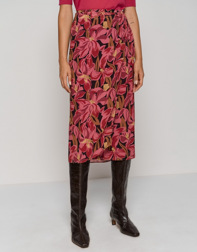 Falda midi estilo pareo crepe Georgette floral grande buganvilla