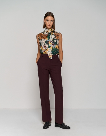 Maroon double crepe straight tailored pants