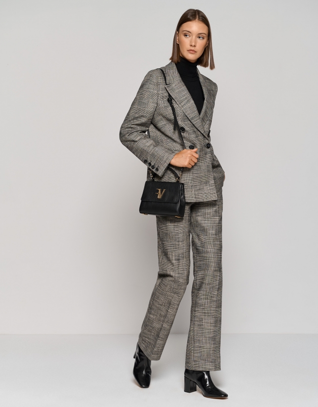 Black and white glen plaid straight tailored pants