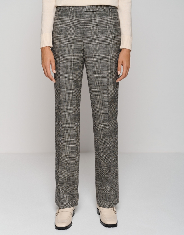 Black and white glen plaid straight tailored pants