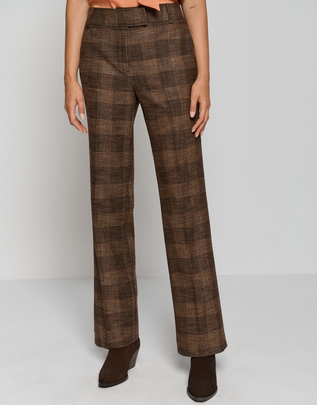 Brown glen plaid straight tailored pants