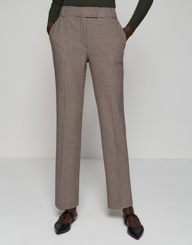 Maroon houndstooth straight tailored trousers