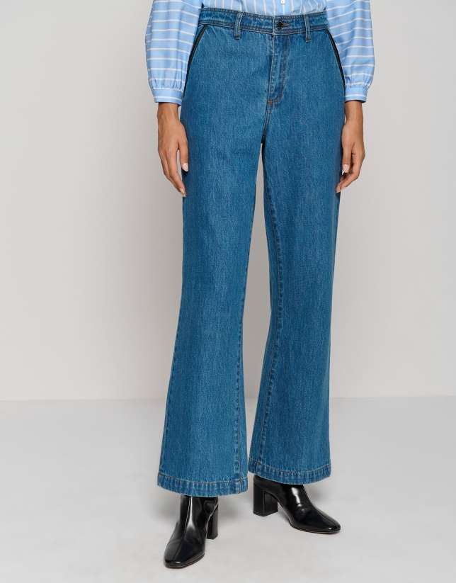 Blue denim wide pants with 4 pockets