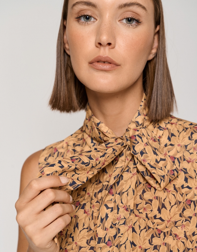 Mustard floral crepe georgette top with bow
