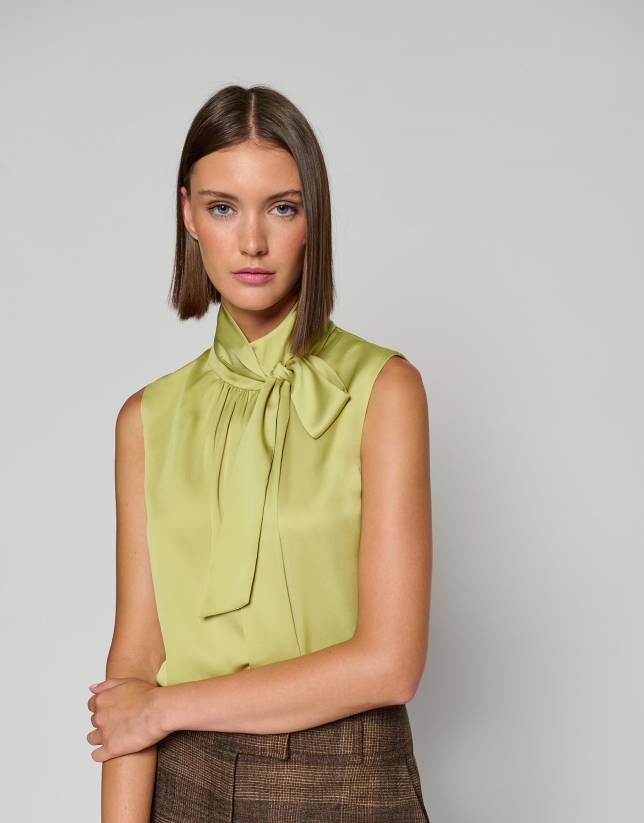 Green satin knit top with bow