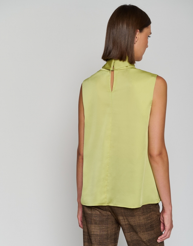 Green satin knit top with bow