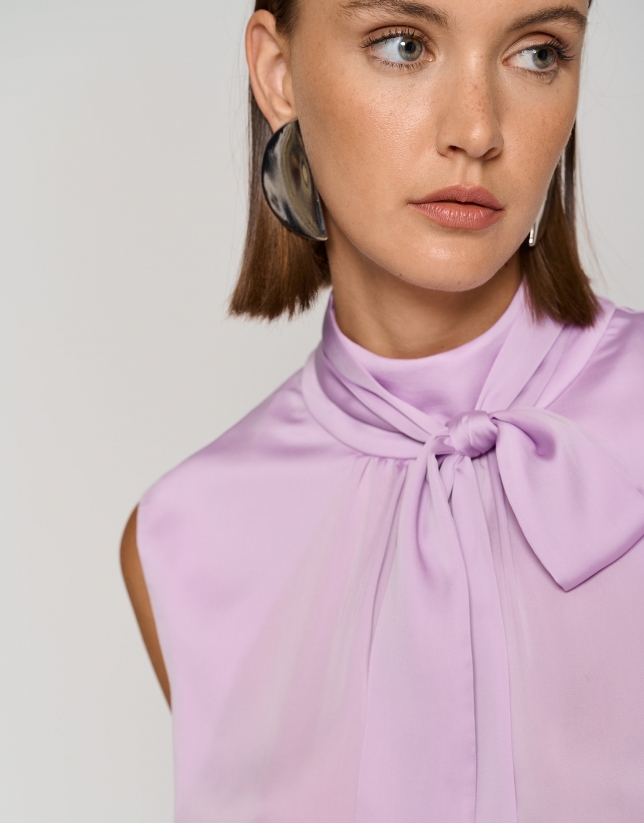 Aubergine satin knit top with bow