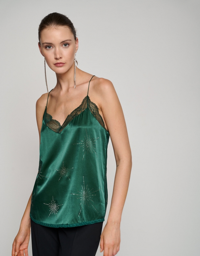 Green satin halter top with lace and stars