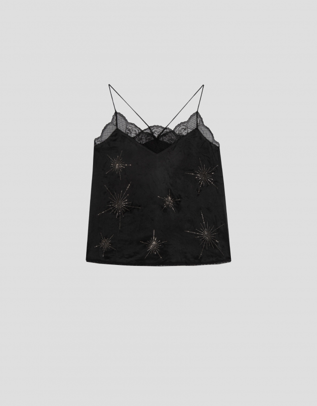 Black satin halter top with lace and stars
