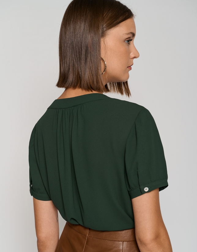 Dark green chiffon blouse with bow at the neck
