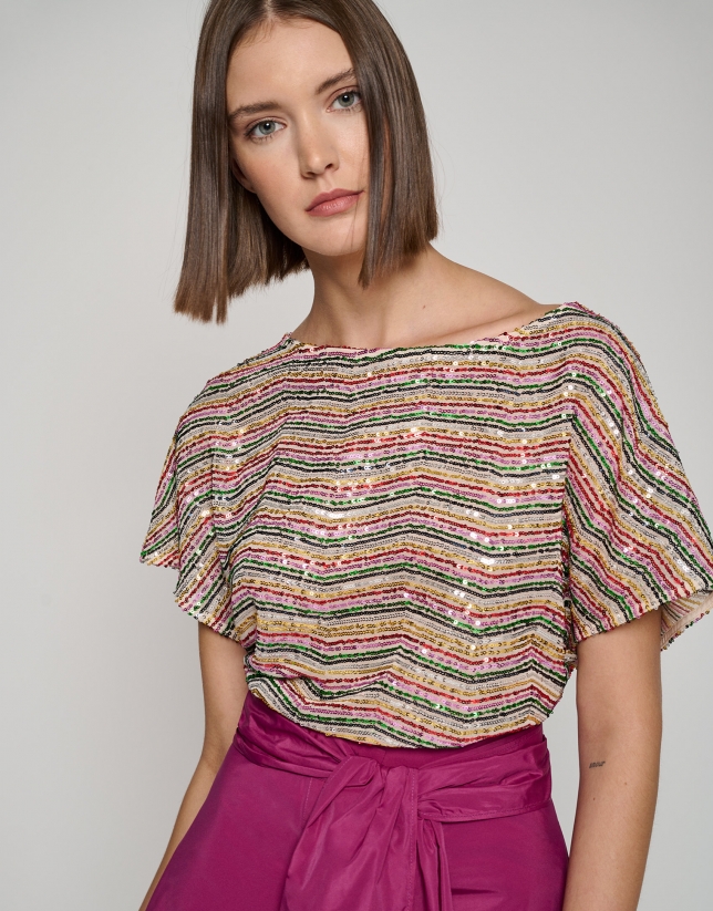 Tulle top embroidered with multicolor sequins
