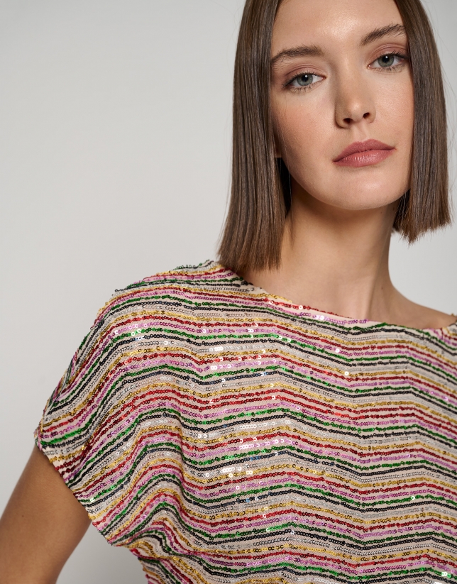 Tulle top embroidered with multicolor sequins