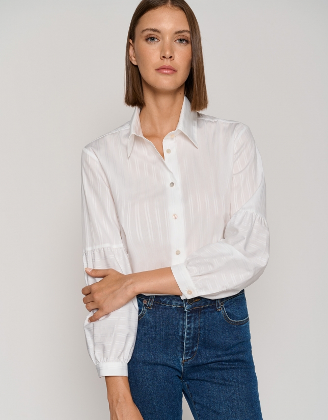White striped jacquard blouse with puffed sleeves