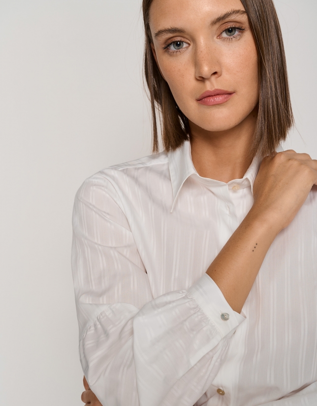 White striped jacquard blouse with puffed sleeves