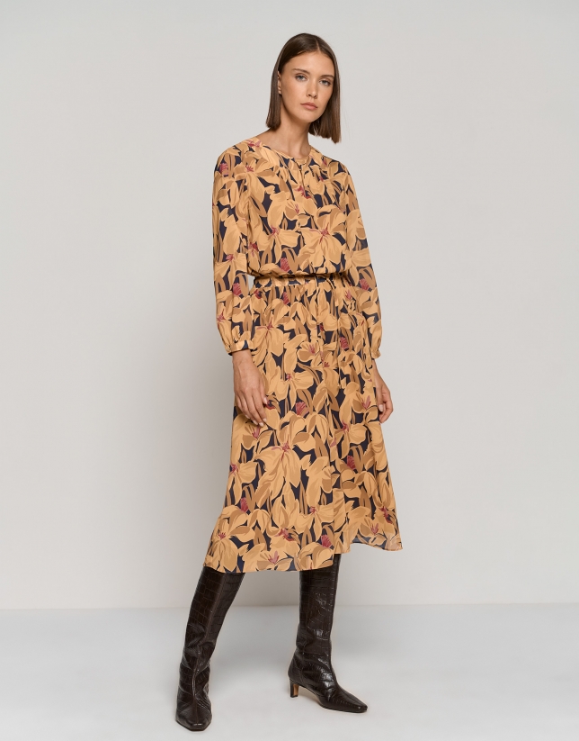 Georgette crepe midi dress with long sleeves and mustard floral print