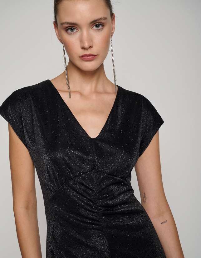 Black glitter knit V-neck dress