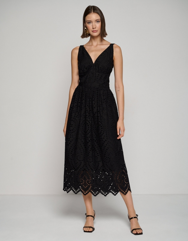 Black midi halter dress with Swiss lace embroidery