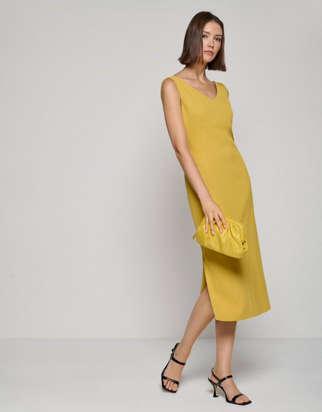 Mustard crepe midi dress with V-neck