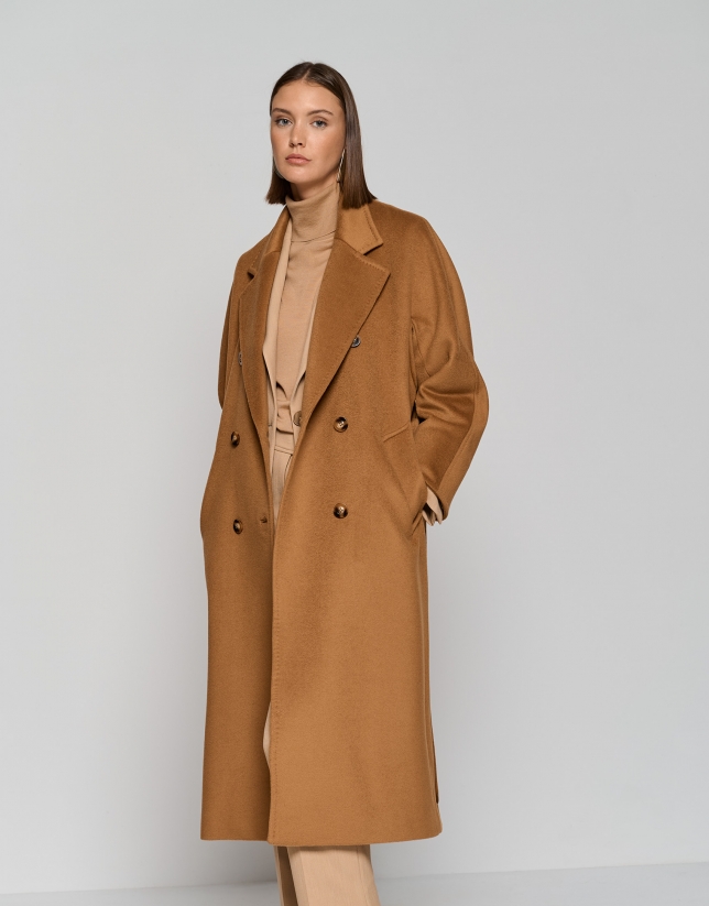 Long melange camel coat with lining