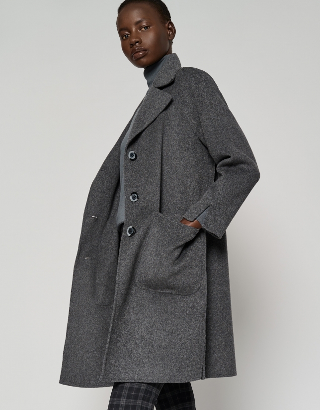 Long gray double-faced cloth coat with side slits 