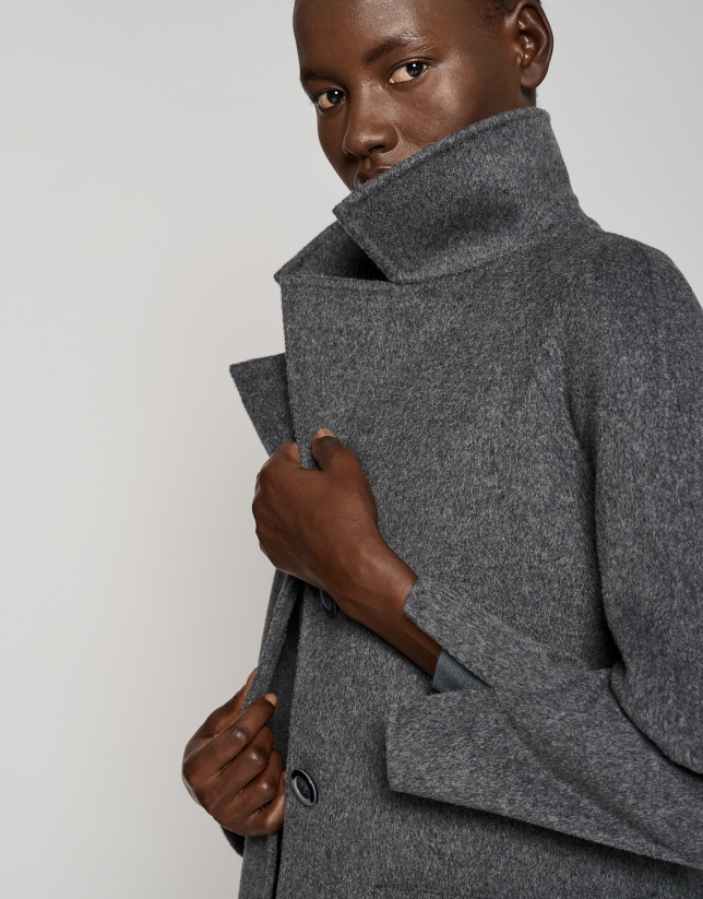 Long gray double-faced cloth coat with side slits 