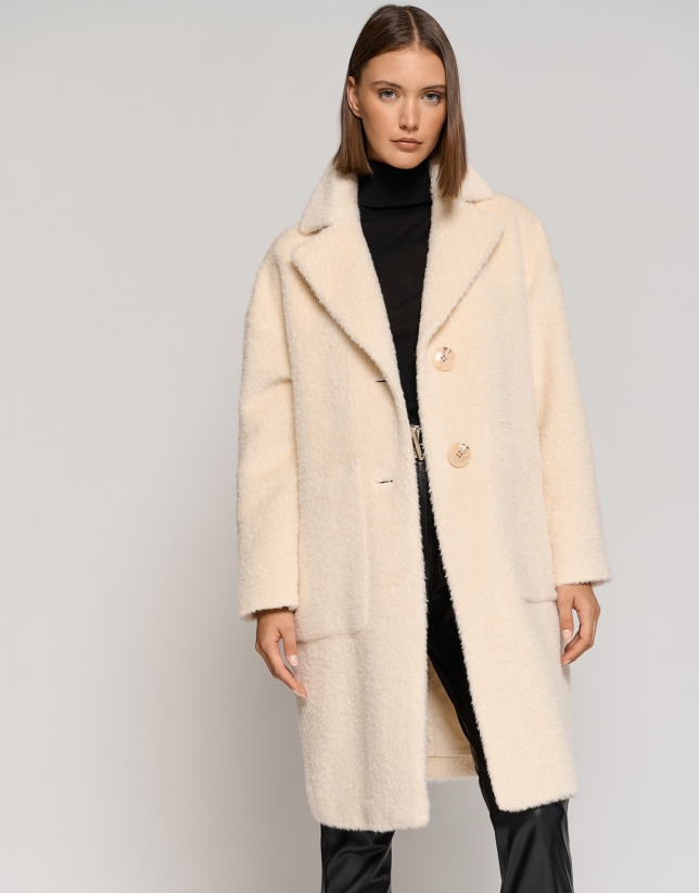 Long ecru alpaca fur and wool coat