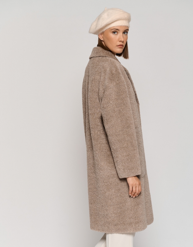 Long camel alpaca fur and wool coat
