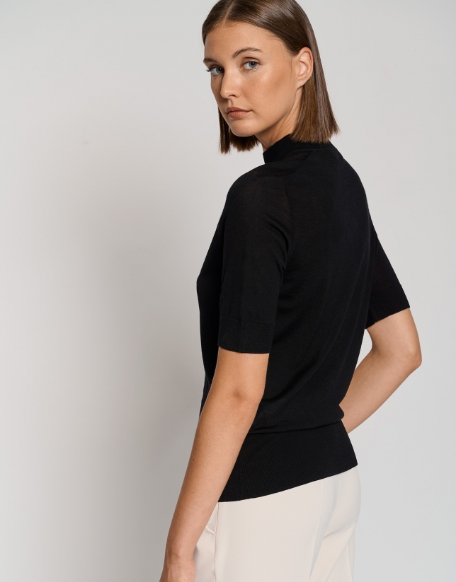 Black fine wool sweater with three quarter sleeves