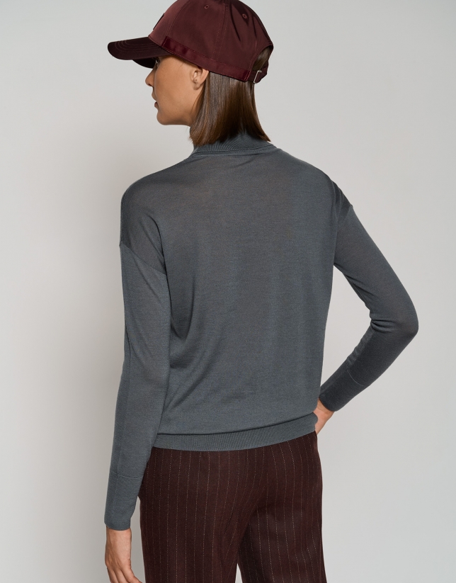 Gray fine gauge knit sweater with cowl neckline