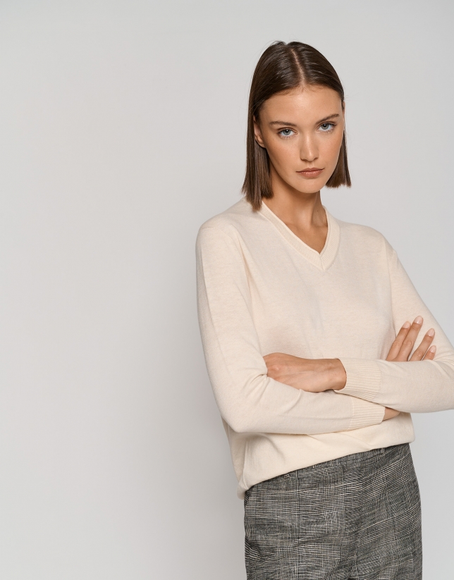 Beige silk and wool sweater with V-neck