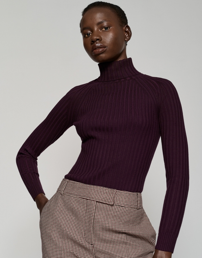 Maroon ribbed sweater with raised collar